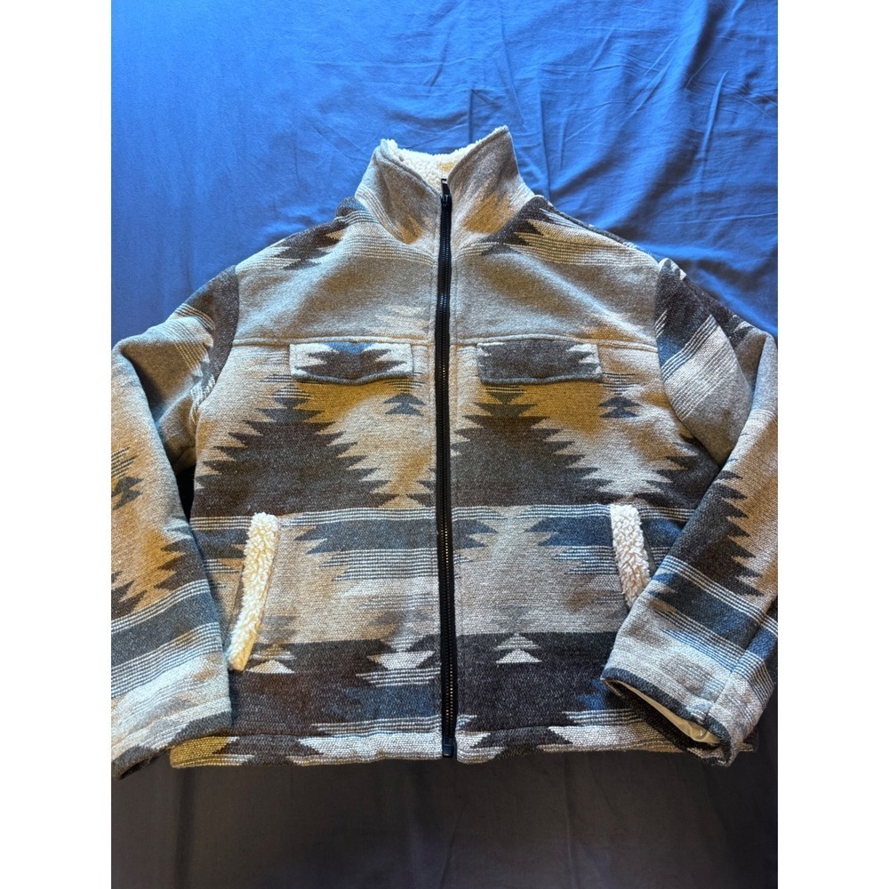 Threadgrit‎ Mens Sherpa Lined Southwestern Tribal Full Zip Jacket Blue M Outdoor